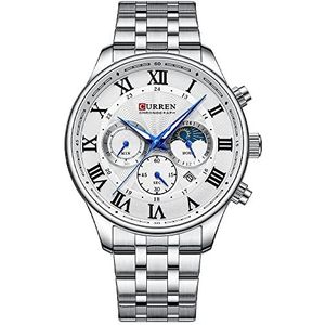 Zakelijke Heren Horloges Chronograaf Roestvrij Staal Datum Analoge Quartz Horloge met Lichtgevende Display, Wit, L