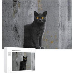 Grijze kat met gele ogen puzzels 300 stuks gepersonaliseerde legpuzzels grijze kat met gele ogen foto puzzel uitdagende foto puzzel voor volwassenen Personaliz puzzel met opbergtas (15,7 x 11 inch)