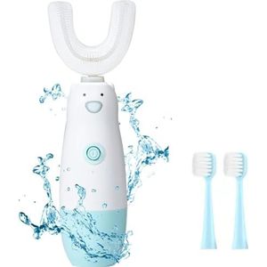 Meqtpomy Elektrische tandenborstel voor kinderen, peutertandenborstel, waterdicht, 360 automatische sonische, u-vormige tandenborstels voor jongens en meisjes, met 2 vervangende opzetborstels (blauw)