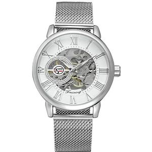 Gosasa Unieke Mens Automatische Horloge Transparante Horloge Dial Hollow Skelet Silver Tone Mesh Band Watch, Zilver, Automatisch Horloge