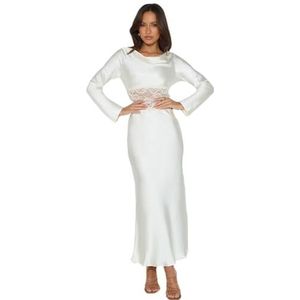 YTPTPST Feestjurken met Lange Mouwen voor Dames, Elegante Satijnen Bloemenkant Patchwork Maxi-jurken voor Bruiloftscocktails,Wit,M