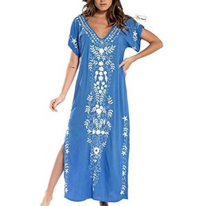 L-Peach Kaftan lange strandjurk voor dames, blauw, geborduurd, one size