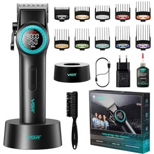 VGR 001 Professionele Tondeuse voor Mannen, Draadloze Haarknipper voor Kappers, Keramisch Mes, 9000 RPM, LED Display, Metalen Behuizing, Zwart