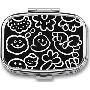 Draagbare medicijndoos, zwart en wit gedraaide glimlach afgedrukt mini rechthoek pillendoosje zak medicijndoos pillencontainer reizen juwelendoos pilhouder draagbare vitamine opbergdoos