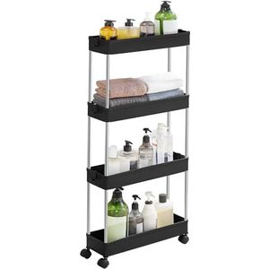 SONGMICS Opbergwagen met 4 niveaus, mobiel rek van kunststof, dunne organizer, ruimtebesparend, voor kleine ruimtes, keuken, badkamer, kantoor, 42 x 13,5 x 87 cm, zwart KSC008B01