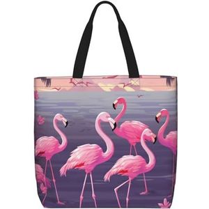 Doffo Bloemen Aan De Kust Gedrukte Herbruikbare Boodschappentassen,Canvas Tote Bag Herbruikbare Boodschappentassen Strandtas Schoudertas, Kudde Tropische Flamingo's, Eén maat