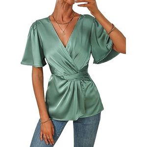 dames topjes Solide satijnen overslagblouse Mintgroen V-hals Ruche zoom Korte mouw Volant mouw (Color : Mint Green, Size : Small)