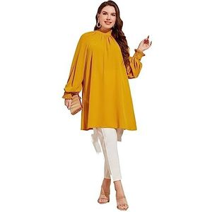 damestop in grote maten Plus blouse met opstaande kraag en lantaarnmouwen (Color : Yellow, Size : XXL)