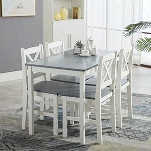 JINPALAY Eettafel met 4 stoelen, grenenhout, eetgroep, set van 4, eetkamerstoelen met eettafel voor eetkamer, keuken, woonkamer (grijs)