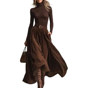 MLSHWUG Dames Zacht Langarmig Coltrui-Pullover Baselayer Vintage Corduroy Lange Rok 2-Delige Set,Bruin,L