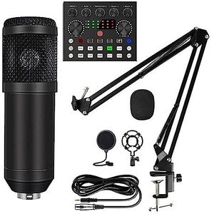 Geluidskaartset, Condensatormicrofoonset met (optioneel) live geluidskaart, metalen schokdemper en dubbellaags popfilter for live podcasting(Style B Black)