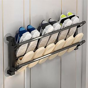 HMAKGG 2-laags opvouwbaar schoenenrek zonder boren, wandgemonteerde schoenhouder, kunststof en metalen buizen, ruimtebesparend schoenenrek voor maximaal 4 paar schoenen, zwart