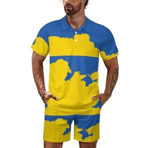 Oekraïense vlag met de kaart heren poloshirt set korte mouwen trainingspak set casual strand shirts shorts outfit XL