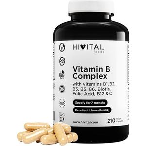 Vitamine B-Complex. 210 veganistische capsules voor 7 maanden behandeling. Vitamin B Complex met B1, B2, B3, B5, B6, B12, Biotine, Foliumzuur en Vitamine C. Gefabriceerd in Europa door HIVITAL