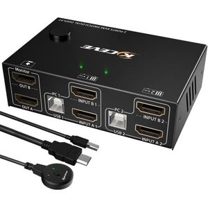 Dual Monitor KVM Switch HDMI 2 Poort 4K@30Hz, MLEEDA KVM Switch 2 Monitoren Voor 2 Computers Delen 2 Monitoren en 4 USB 2.0 Hub, Desktop Controller en USB HDMI Kabel Inbegrepen