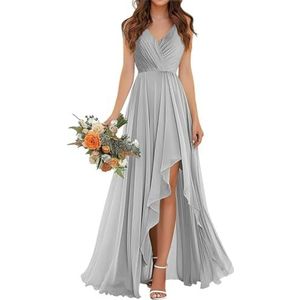 SAMHO Ruches V-hals bruidsmeisjes jurken met split chiffon lang korset A-lijn ruches bruiloft formele feestjurk, Zilver, 38