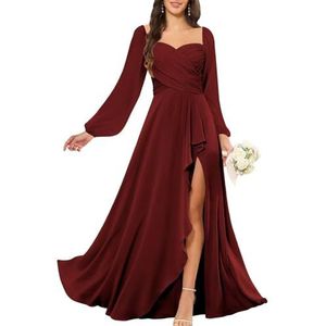 KURFACE Bruidsmeisjesjurken met lange mouwen en split voor dames, geplooid, chiffon, bruidsmeisje, vloerlengte, formele feestjurk, Bordeaux, 32