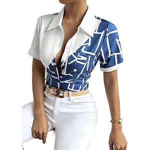 dames topjes Tweekleurig en grafisch overhemd met knopen (Color : Blue and White, Size : XL)
