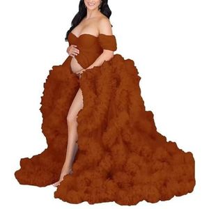 KIYNE Zwangerschapsjurk voor dames, voor fotoshoot, off-shoulder tule lingerie, zwangerschapsjurk voor babyborrel, Verbrand Oranje, 32