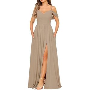 Chiffon bruidsmeisjesjurk voor dames met split avondjurken baljurk cocktailjurk grote maten, Taupe, 32