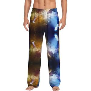 Space Galaxy Lange loungewear voor heren, nachtkleding, pyjamabroek, nachtkleding met zakken en trekkoord, Wit, S