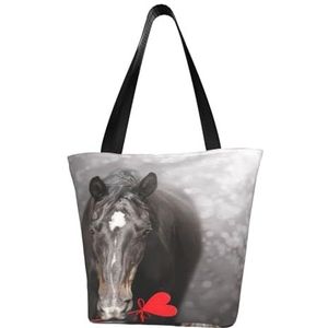 BeNtli Schoudertas, canvas draagtas grote tas vrouwen casual handtas herbruikbare boodschappentassen, zwart paard met hart, zoals afgebeeld, Eén maat