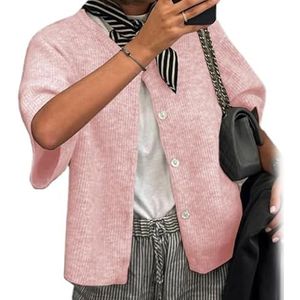 Women Knitted Crop Cardigan Shirt Short Sleeve Button Down Ribbed Knit Crop Top Y2k Girls Outwear Tops (X-Large,Pink)