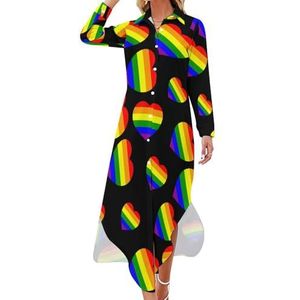 LGBT Gay Pride Flag Maxi-jurk voor dames, lange mouwen, knoopsluiting, casual party, lange jurk, 6XL