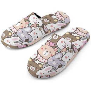 Cartoon Konijn En Panda Beer Volledige Print Vrouwen Slippers Warme Anti-Slip Rubberen Zool Huisschoenen Voor Indoor Hotel 38-39_(7-8)