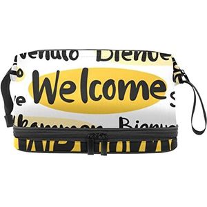Grote capaciteit reizen cosmetische tas,Make-up tas,Waterdichte make-up tas Organizer, welkom verschillende taal, Meerkleurig, 27x15x14 cm/10.6x5.9x5.5 in