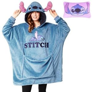 Disney Stitch Hoodie deken met mouwen voor dames, 2-in-1, oversized capuchonpullover, fleece, draagbare deken voor tieners, Blauw stiksel, One size