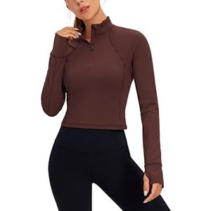 CRZ YOGA Vrouwen Butterleuse 1/2 Rits Lange Mouw Shirt Sport Pullover Crop Tops Fitness Gym Running Sweatshirt met Duimgat Taupe M