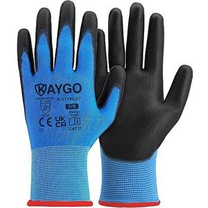 KAYGO KG11P Werkhandschoenen voor heren en dames, 12 paar, PU-gecoat, beschermende handschoenen, antislip grip op handpalmen en vingers, geschikt voor algemeen werk, magazijn, doe-het-zelf, blauw, S,