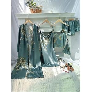 5 stuks bloemenprint gewaad cami-jurk met lange mouwen cami-top ruche zoom shorts eenvoudige pyjamasets for dames (Color : Green, Size : XL)