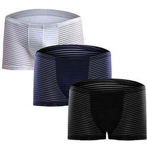 Litthing Transparante Boxershorts in Pure Kleur, Ijszijde, Strepend, Ademend Mesh - Drie Sets (Zwart/Koningsblauw/Wit, L)