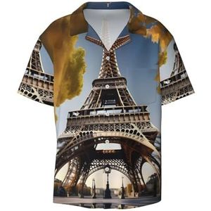 Cityscape Parijs Eiffeltoren Frankrijk Print Heren Korte Mouw Button Down Shirts Casual Losse Fit Zomer Strand Shirts Heren Overhemden, Zwart, S