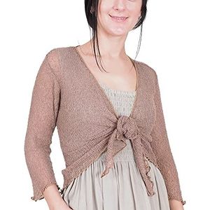 Mimosa Bolero voor dames, gehaakte bolero, glitter of effen, super rekbare kanten visnet stropdas in de taille, bolero, open vest, maat 34-56, Donkere Taupe, Eén Maat