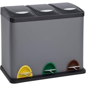 SVITA TC3X8 Keukenemmer 24 liter 3 x 8 l gepoedercoat staal drievoudige afvalemmer, 3-delige vuilnisemmer, afvalscheiding, pedaalemmer met deksel grijs met pedalen en uitneembare emmers
