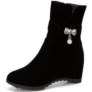 Enkellaarzen Elegante Korte Dameslaarzen Met Strass Strikken Vintage Suède Enkellaarsjes Herfst Winter Sleehak Laarsjes Vrijetijds Enkelschoenen for Buiten, Feest (Color : Black, Size : 39 EU)