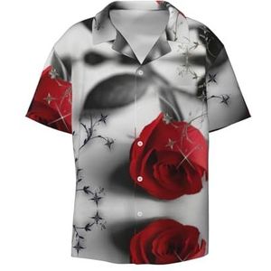 OdDdot Rode Rose2 Print Heren Overhemden Atletische Slim Fit Korte Mouw Casual Business Button Down Shirt, Zwart, 3XL