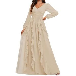 Prinses Bruidsmeisje Jurken Lange Mouw Prom Jurken V-hals Chiffon Formele Avond Party Maxi Jurk ZM208, Champagne, 32