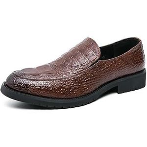 Formele Schoenen Jurk Oxford Voor Mannen Instapper Ronde Gepolijste Teen Krokodilprint Schort Teen Antislip Blokhak Non Slip Casual(Brown,42 EU)