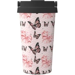EdWal Vlinder roze print 500 ml koffiemok, geïsoleerde campingmok met deksel, reisbeker, geweldig voor elke drank