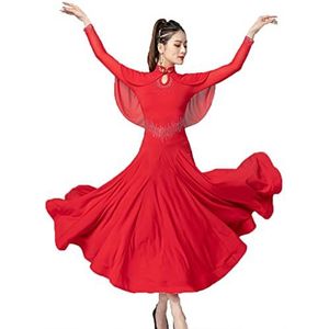 Yhsgscr Ballroom oefenjurk met lange mouwen Dames walsdansrok Glad en zacht Hoge kraag flamenco foxtrot dansjurk Moderne danskleding met shorts,Rood,L