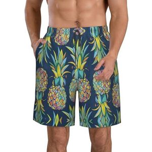 FRGMNT Inkt en Gouden Stip Strepen Print Heren Sneldrogende Zwemshorts Strand Korte Board Spa Trunks Stretchy Gym Shorts Surfen Korte, Ananas van tropisch fruit, L