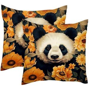Panda met zonnebloemen, set van 2 vierkante kussenslopen, decoratieve zachte fluwelen kussensloop voor bank, bank, auto, woonkamer, 40 x 40 cm