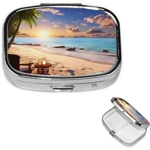 Pillendoos, romantische strandpillen-organizer, 2 vakken, kleine pillendoos voor portemonnee of tas, reis-pillendoos, draagbare pillendoos, vitamine-organizer