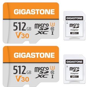 Gigastone 512GB 2-pack micro SD geheugenkaart, SDXC A1 UHS-I U3, C10, klasse 10, 100/40 MB/s lees- en schrijfsnelheid, 4K UHD video, geschikt voor beveiligingscamera, GoPro action cam, Compactcamera’s, DJI drone, micro sd card