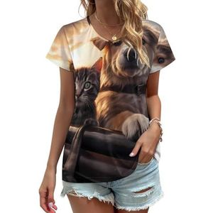 Leuke Kat En Hond Dier Vrouwen V-hals T-shirts Leuke Grafische Korte Mouw Casual Tee Tops 5XL