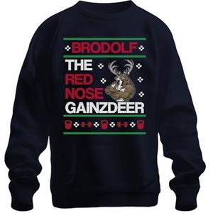 Brodolf The Red Nose Gainzdeer Ugly Christmas Sweater Unisex Pullover, Donkerblauw, XL